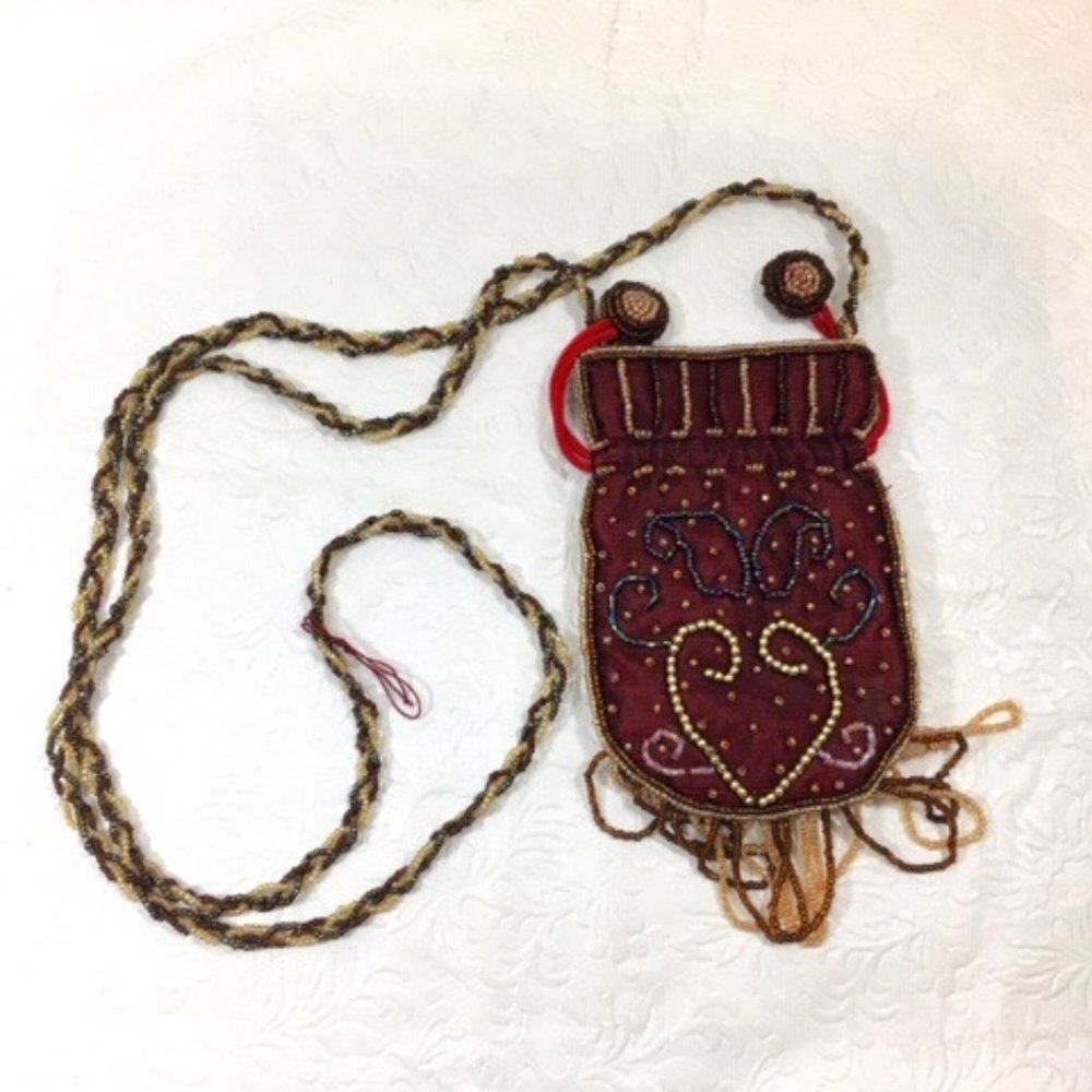 Handmade Beaded Red Drawstring Evening Mini Bag Pouch Purse Crossbody 3.5x5.5